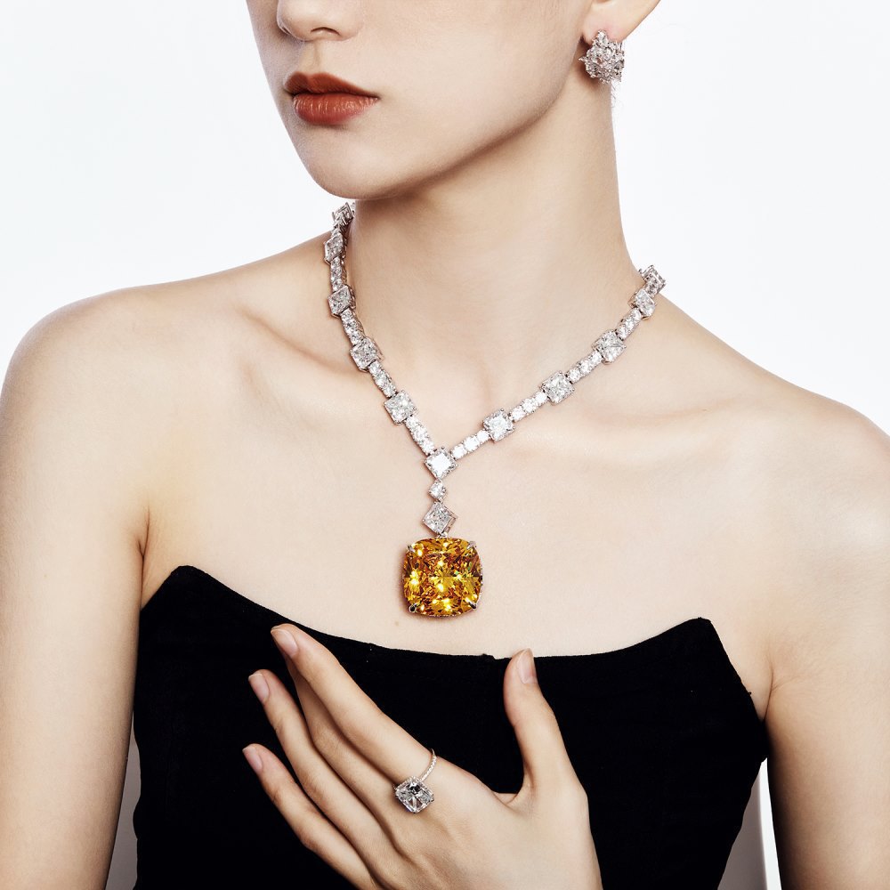 欧美s925纯银项链女30*30仿黄宝石女王风奢华设计感气质颈饰品批