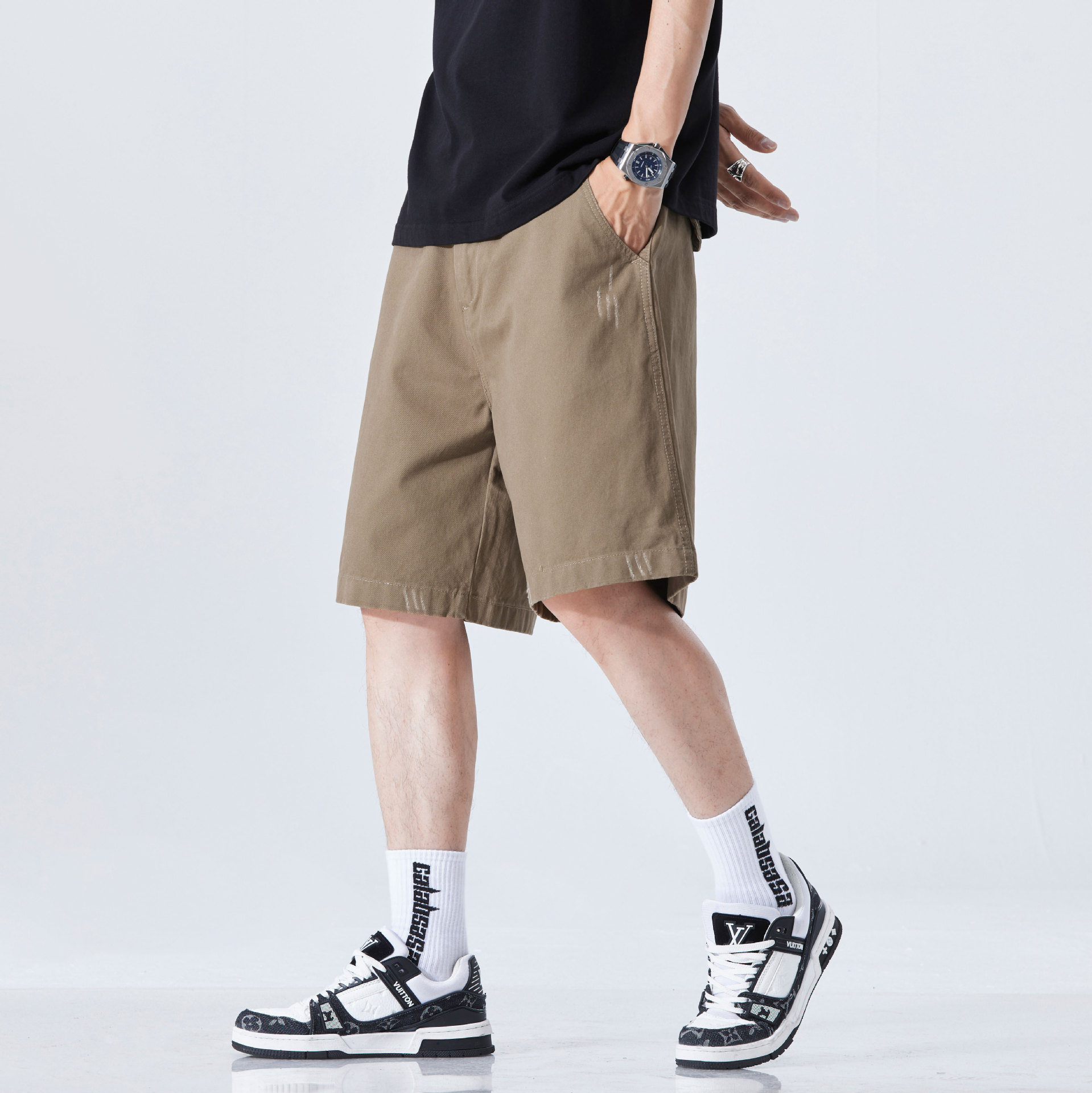 牛仔短裤男夏季薄款纯棉美式宽松直筒裤潮流休闲裤水洗五分裤棕色