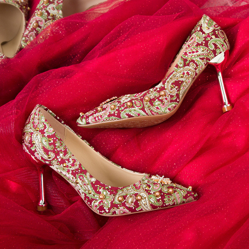 秀禾婚鞋女年新款红色高跟鞋中式结婚鞋子不累脚新娘水晶鞋
