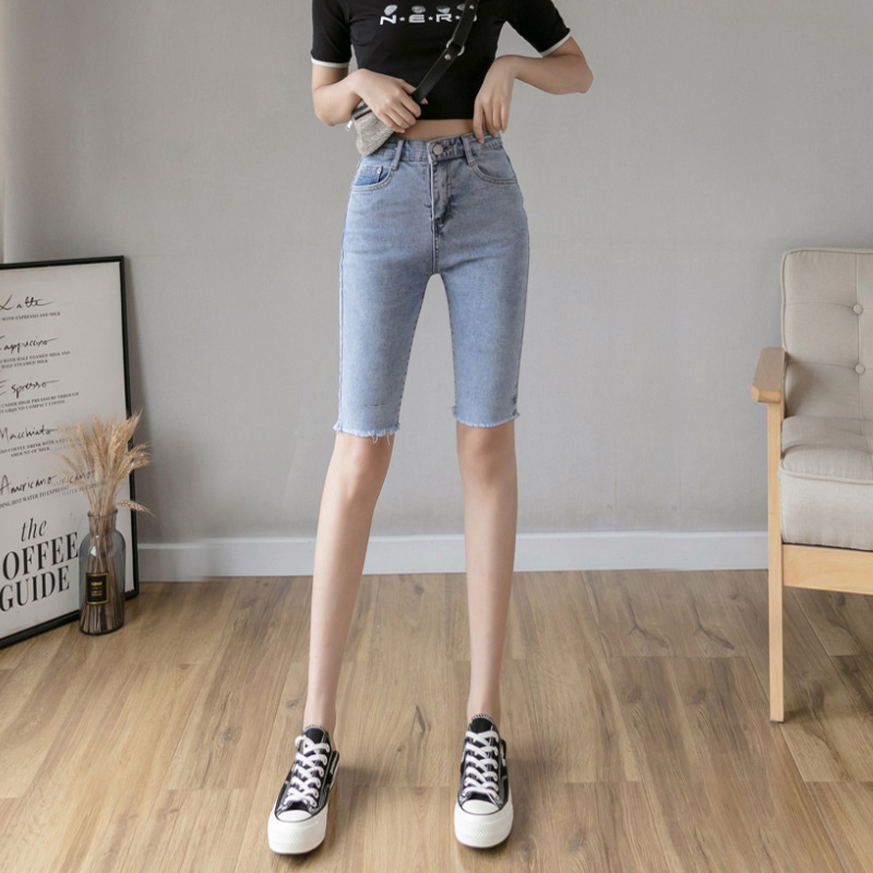 牛仔五分裤女紧身直筒2021年夏季新款高腰显瘦修身中裤潮ins短裤