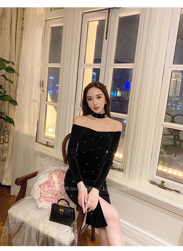 sx善喜重工钉珠抹胸丝绒连衣裙女露肩挂脖修身包臀前开叉性感名媛
