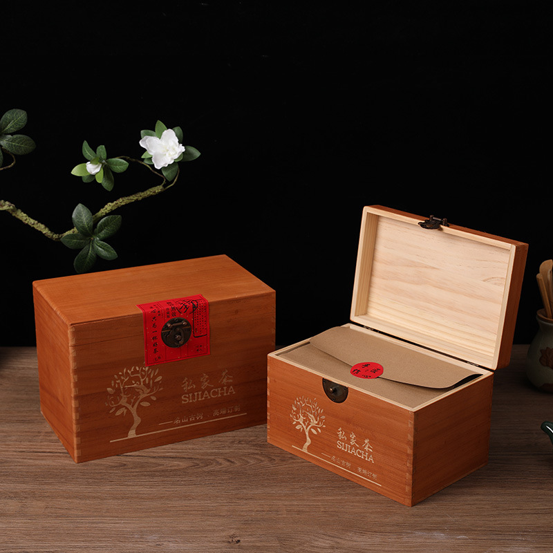 Spot Goods Solid-Wood Tea Box Clamshell Storage Gift Box with Lock Universal Brick Tea Storage Box Gift Packaging Solid Wood Box