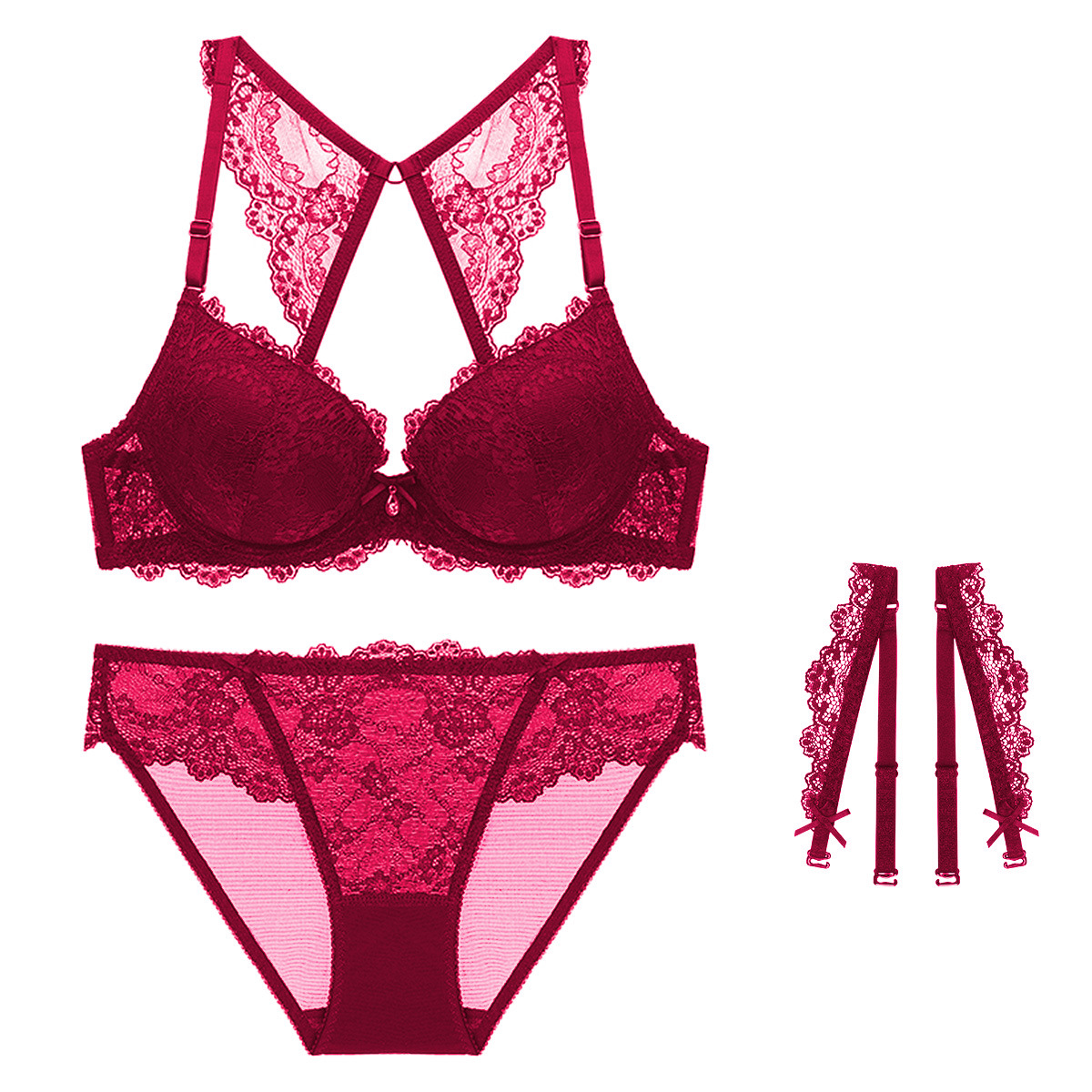 varsbaby 性感文胸套装蕾丝边 美背内衣可替换肩带上薄下厚