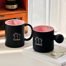黑粉色小狗马克杯圆球手柄磨砂陶瓷杯ins可爱情侣水杯牛奶咖啡杯