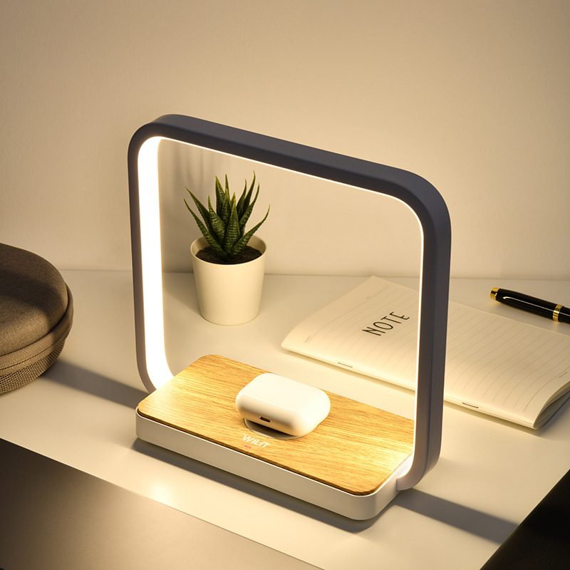 Wood Grain Mobile Phone Wireless Charger Table Lamp Large Frame Bluetooth Headset Charging Multifunctional Learning Bedside Eye-Protection Lamp
