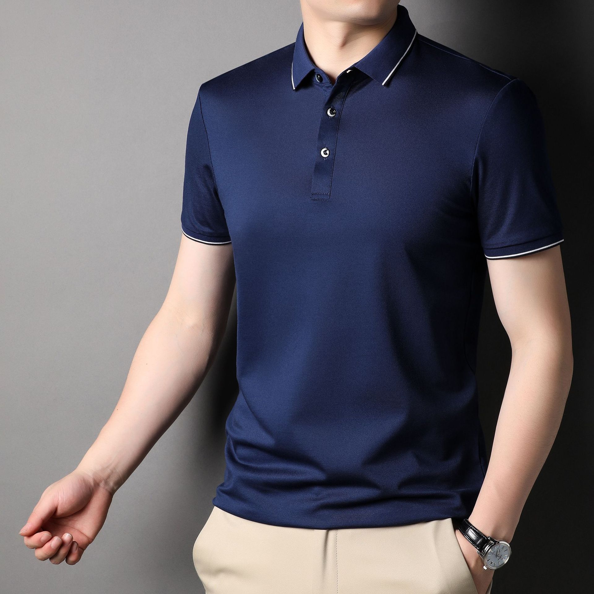 高端无痕翻领短袖t恤男士休闲polo衫中青年夏装半袖体恤一件代发
