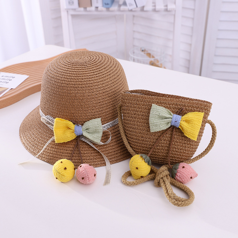 Spring and Summer New Children's Straw Hat Bag Set Girl Cute Flowers Travel Sun Hat Parent-Child Beach Hat