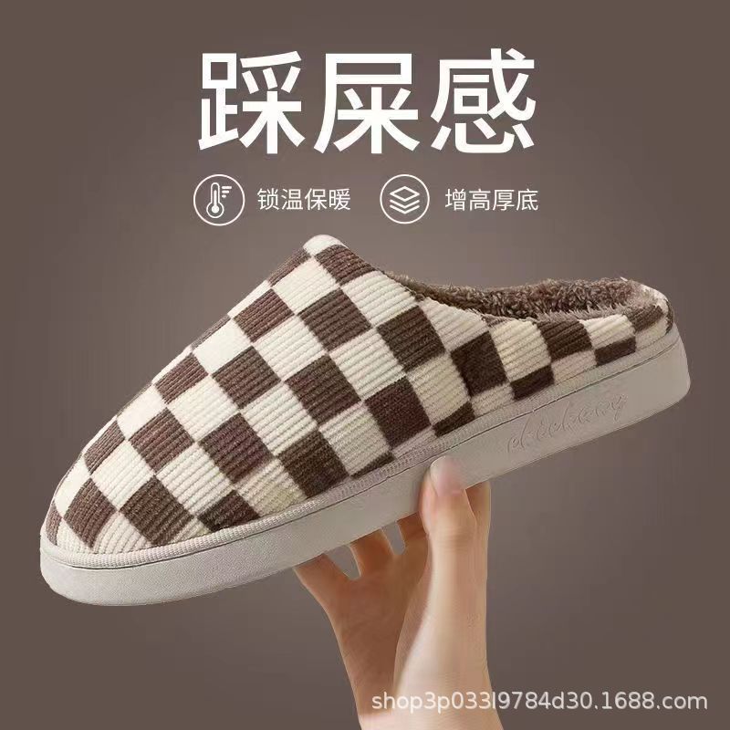2022 New Cotton Slippers Winter Couple Household Simple Indoor Platform Non-Slip Winter Warm Cotton Slippers Plaid for Men