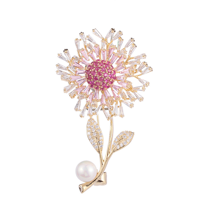 高档气质衣饰女潮胸花配饰金色镶嵌锆石珍珠别针扣装饰太阳花胸针