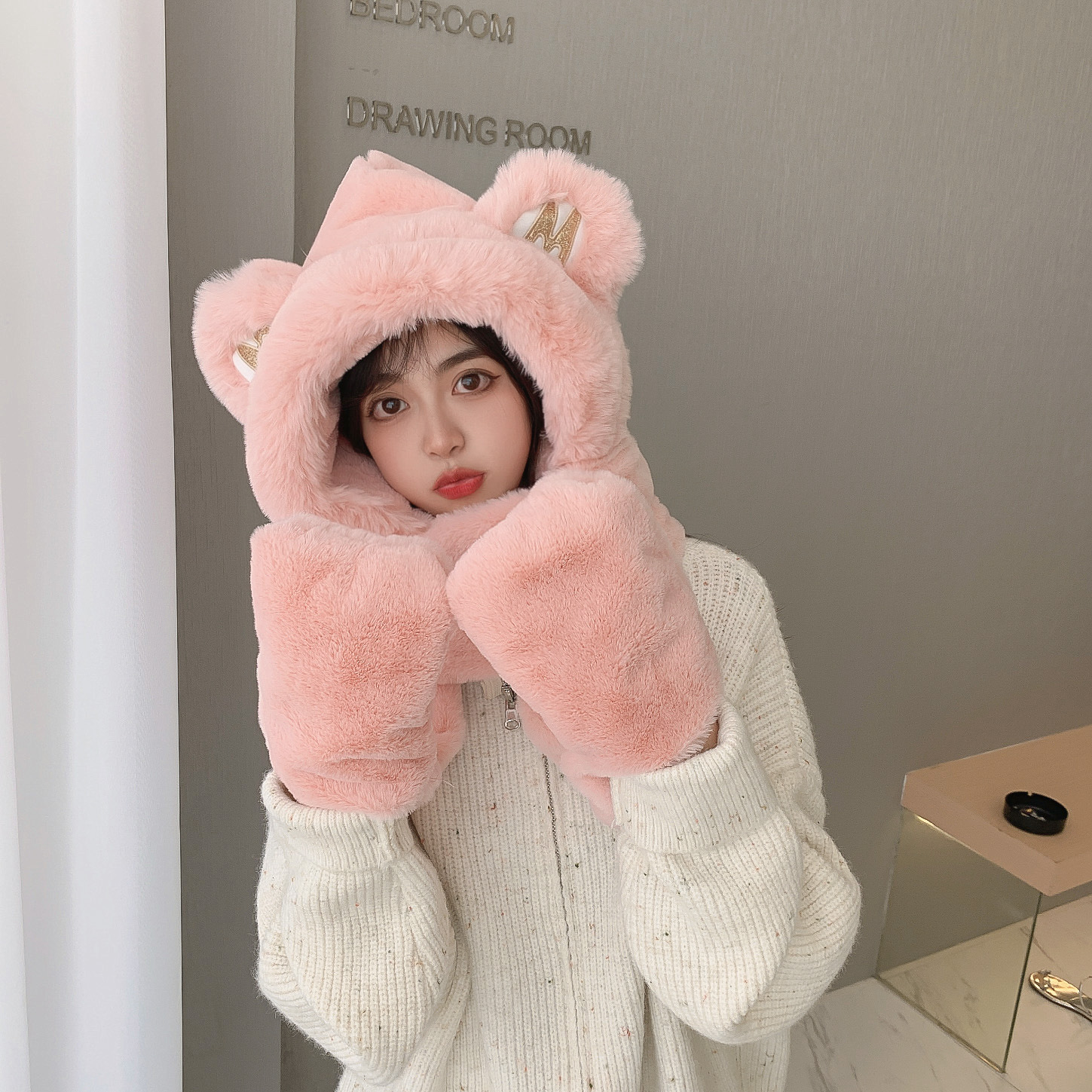 New Winter M Bear Ear Three-in-One Scarf Women's Autumn and Winter All-Matching Warm Furry Scarf Plush Hooded Warm