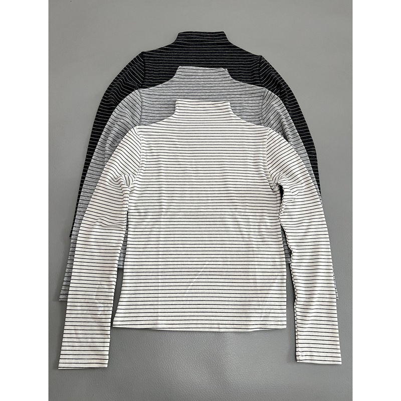 韩系条纹半高领长袖T恤女士秋冬新款休闲百搭显瘦打底衫上衣日常