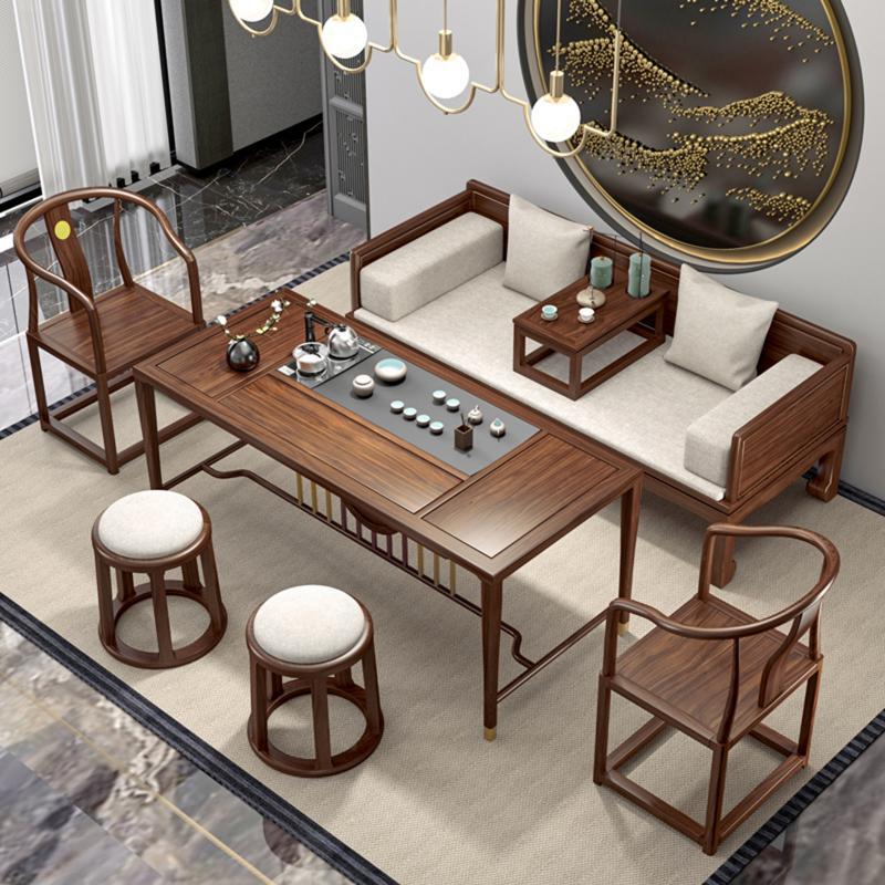 乌金木罗汉床茶桌椅组合实木茶室客厅新中式榆木轻奢沙发组合