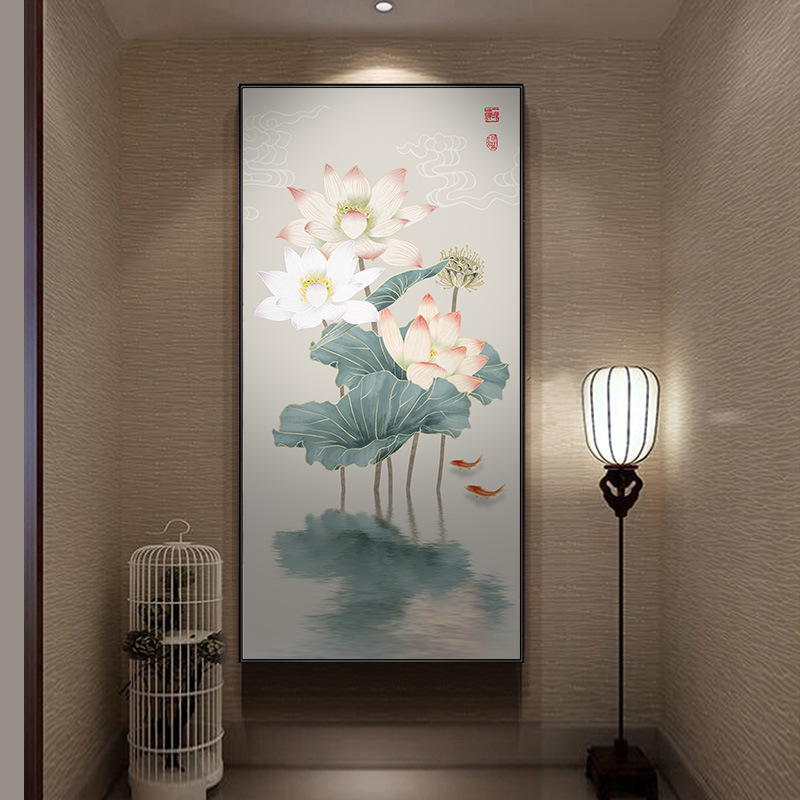 荷花九鱼图新中式入户玄关挂画竖版走廊过道墙壁画禅意莲花装饰画