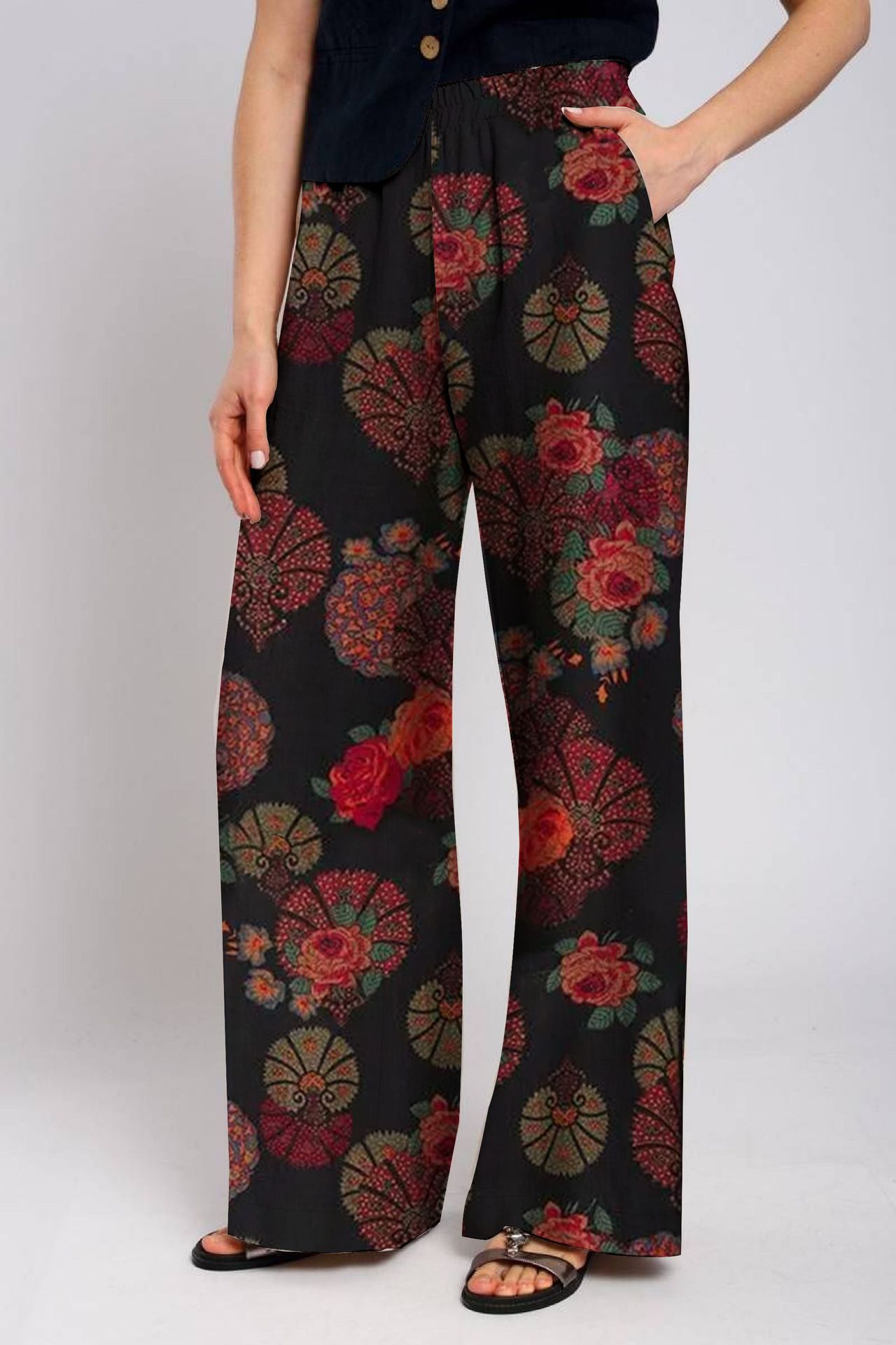 外贸女裤跨境货源欧美亚马逊碎花休闲裤女棉麻宽松直筒高腰长裤女