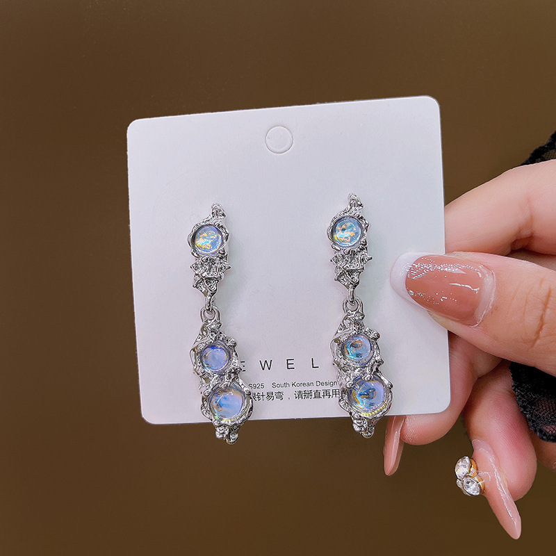 Silver Needle Irregular Opal Moonstone Elf Earrings Pink Stud Earrings Liquid Metal Double Star Moon Earrings Wholesale