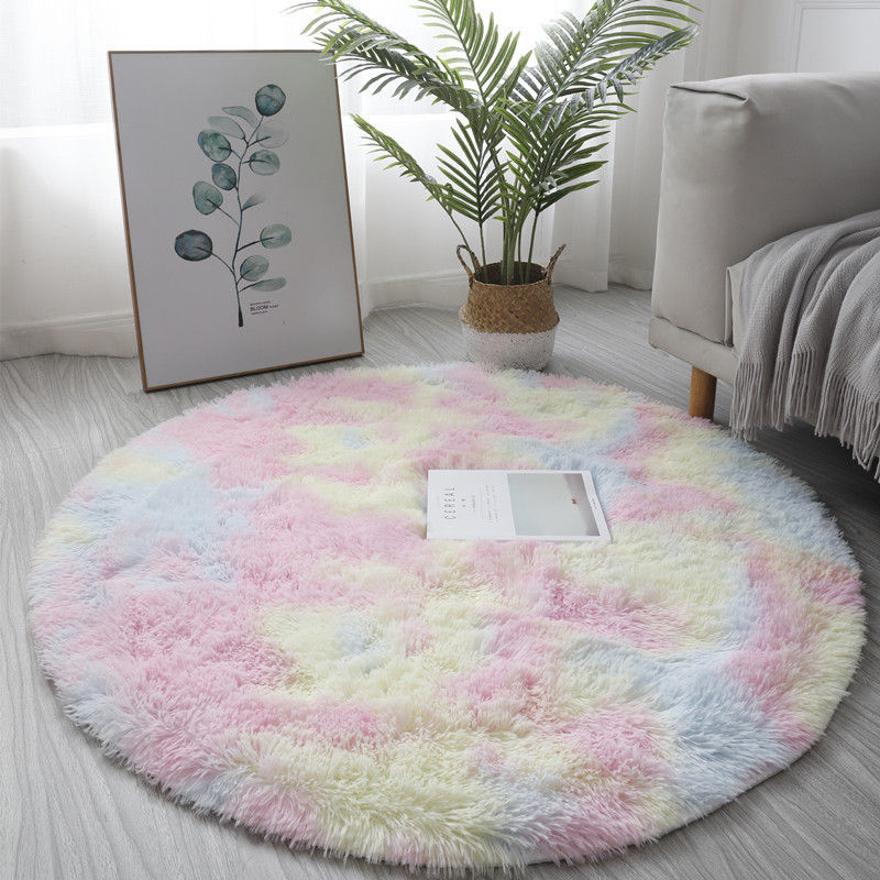 Silk Wool Carpet Tie-Dyed Long Wool Thick round Carpet Household Tea Table Cloth round Tablecloth Living Room Hanging Basket Pile Floor Covering