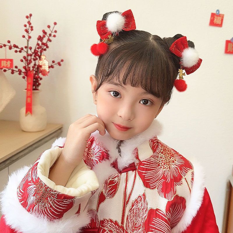 女童古风汉服头饰大红儿童毛球兔耳对夹宝宝新年发夹古装拜年发饰