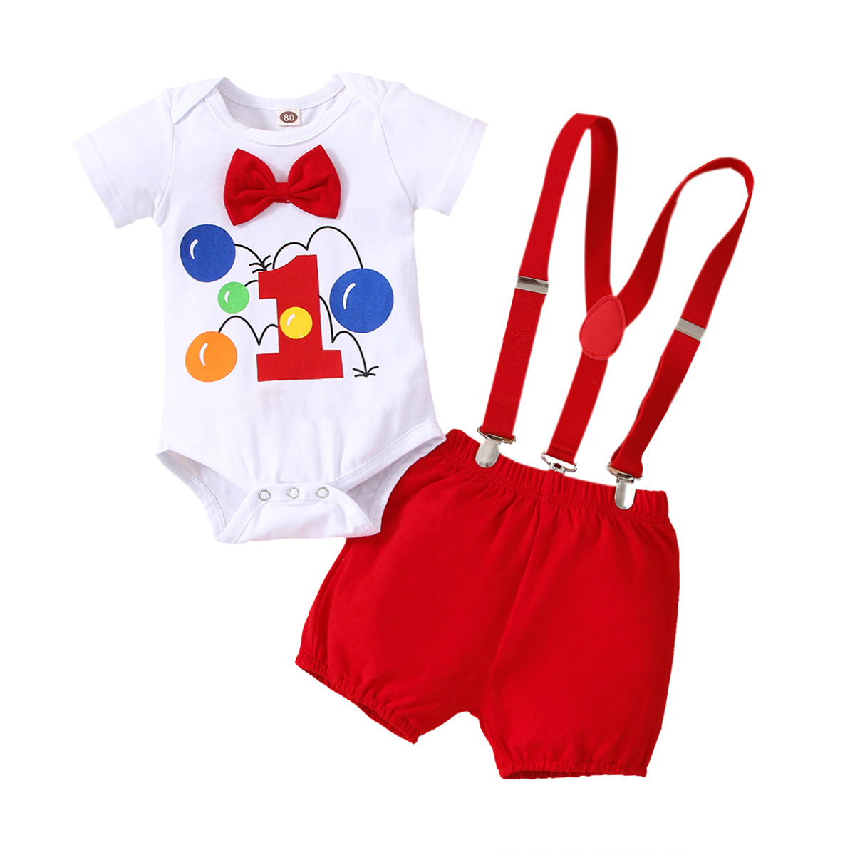 2023 Summer Baby Boys and Girls Baby Strap Short Sleeve Birthday Clothes Bow Number Printed Romper Two-Piece Set Baby Clothes