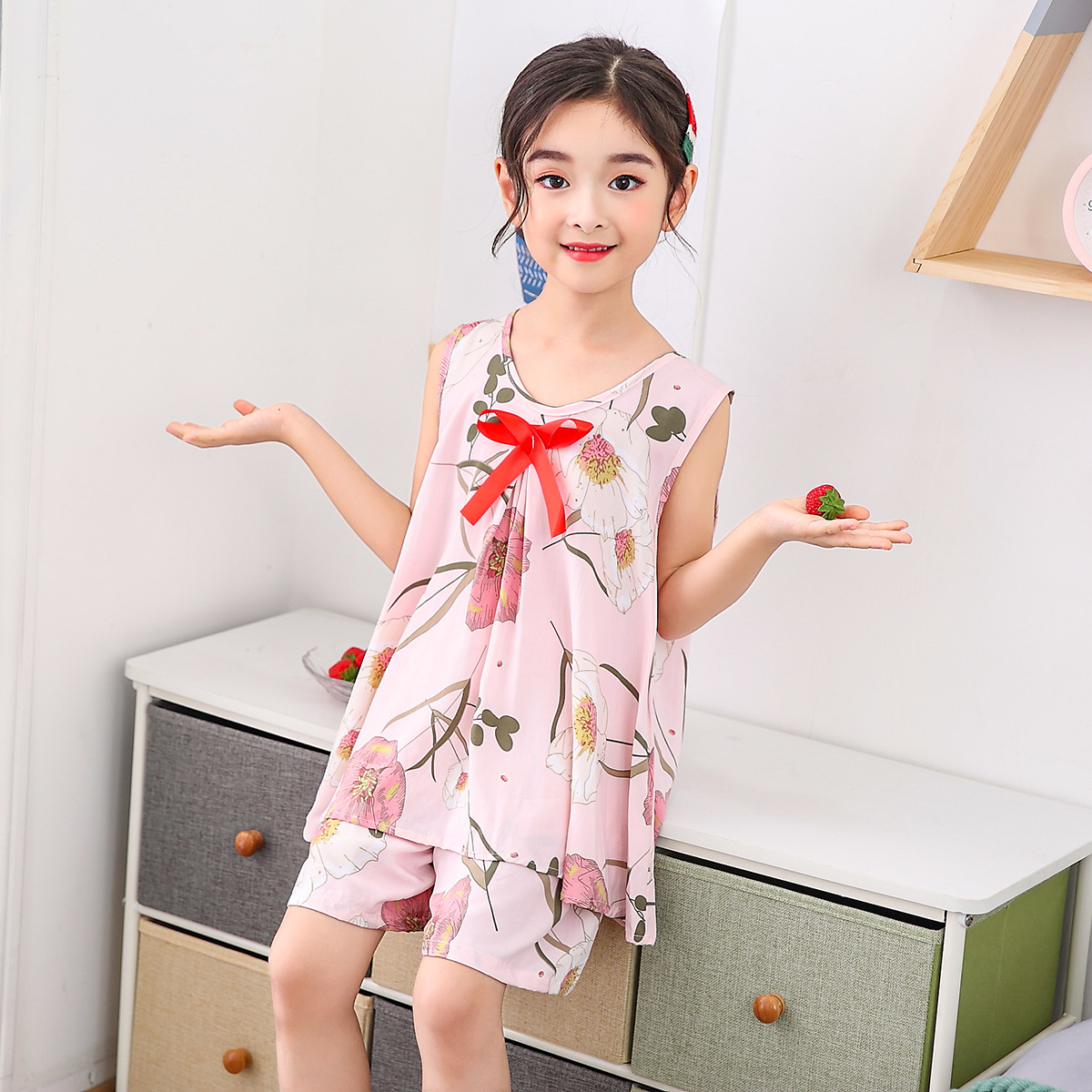 夏季儿童棉绸背心睡衣套装女童宝宝绵绸无袖吊带家居服女孩空调服