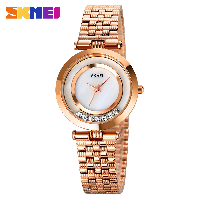 skmei/时刻美女士腕表时尚镶钻圆形百搭时装手表热卖实心钢带女表