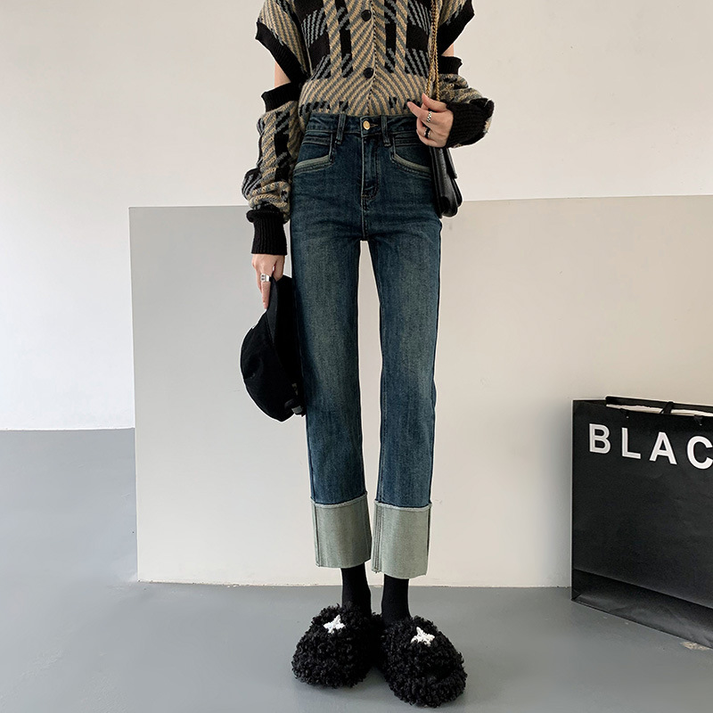 High Waist Straight Jeans for Women 2023 Spring and Autumn New Design Sense Contrast Color Flanging Loose Slim-Fit Cigarette Pants