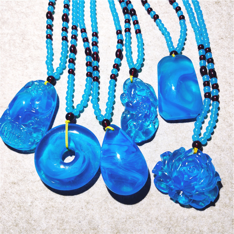 民族风蓝蜜蜡项链女款时尚百搭挂饰韩版简约衣服挂件坠长款毛衣链