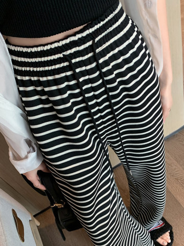 Black and White Striped Pants Women's Spring and Summer New High Waist Drooping Narrow Wide-Leg Pants Straight Casual Mopping Trousers
