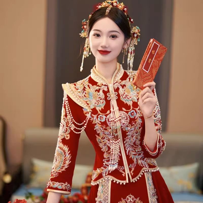 包邮新式重工秀禾服新娘结婚中式嫁衣高级新款小个子丝绒龙凤褂加