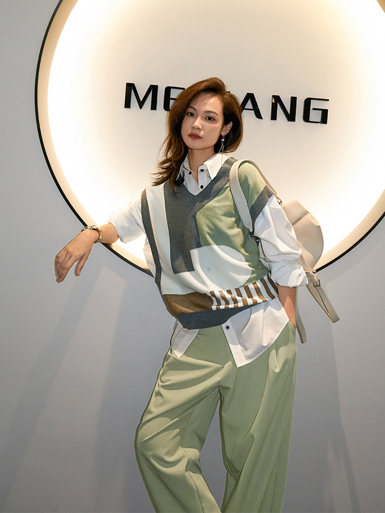 美洋meiyang 毕加索针织背心 艺术感色块拼接v领宽松无袖宽松马甲