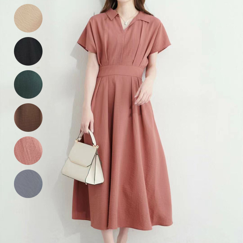日系新款5色纯色收腰连衣裙气质时尚休闲高级感-阿里巴巴