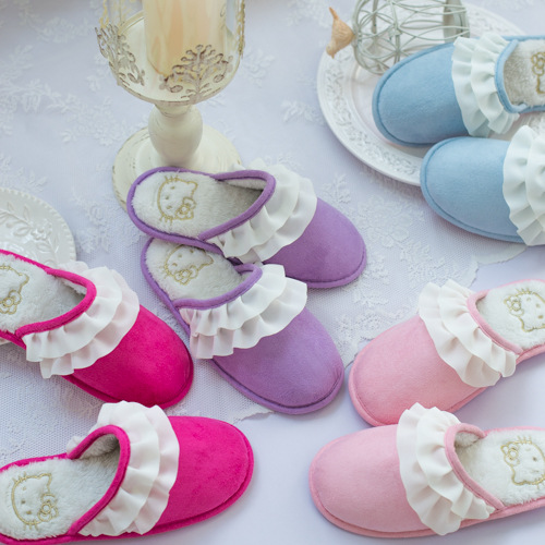 可爱少女心kitty毛绒花边拖鞋冬季保暖家居鞋卡通kt猫防滑鞋