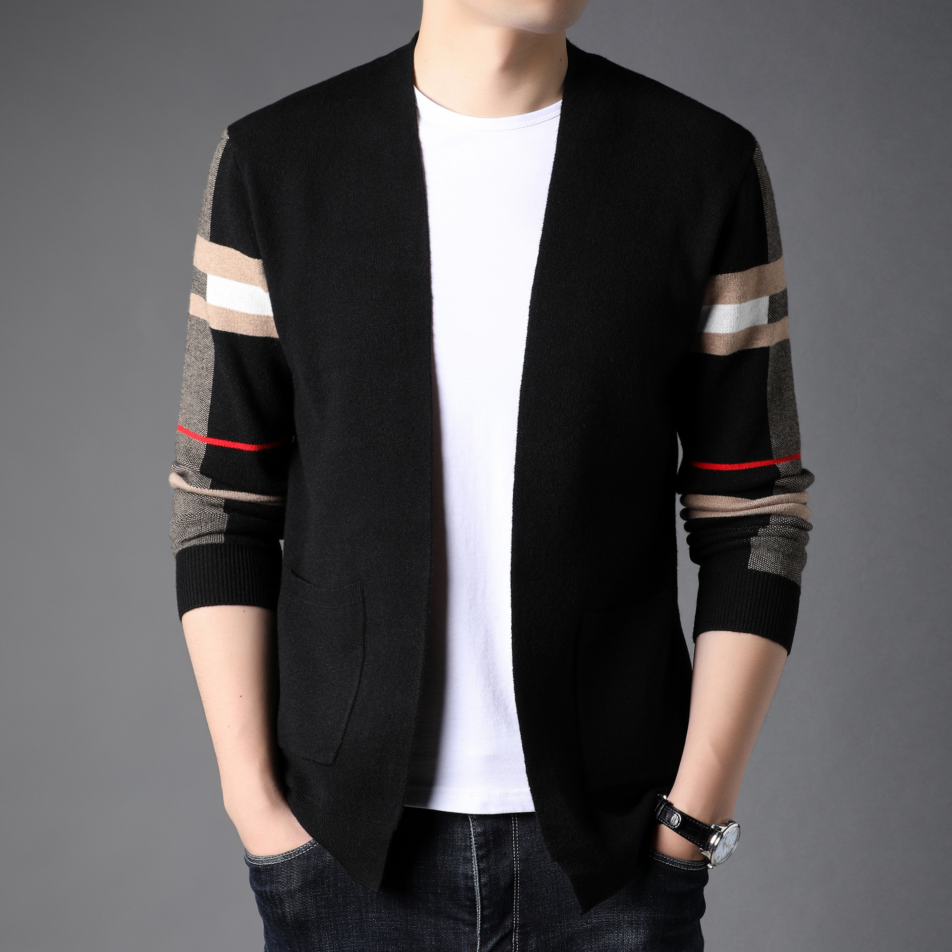 秋季新款开衫男外套青年休闲男装韩版修身时尚立领可翻男士针织衫