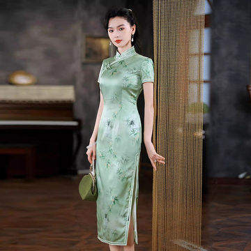 正品真丝桑蚕丝旗袍裙长款复古洋气年轻气质高贵典雅日常修身款夏