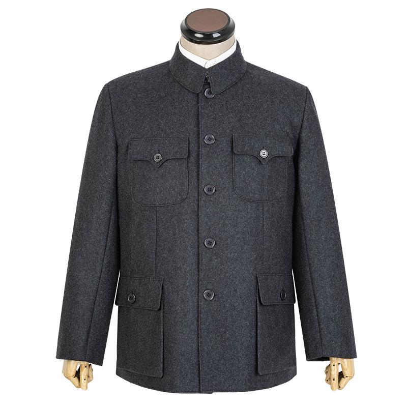 呢子混纺中山服长辈男装羊毛秋冬装毛氏外套中老年父亲毛料中山装