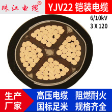 珠江电缆交联聚乙烯YJV22高压电缆 6/10kV 3X120绝缘铠装电力电缆