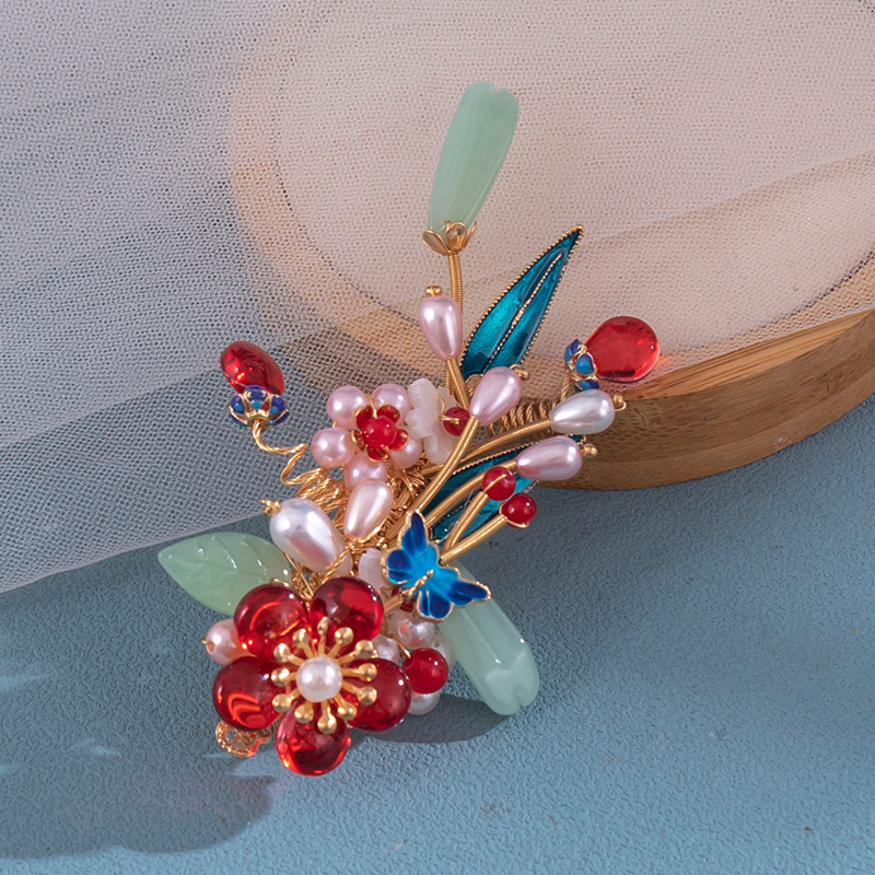 古风汉服红色花朵发夹 古装造型发饰 珍珠仿玉手工制作厂家直供