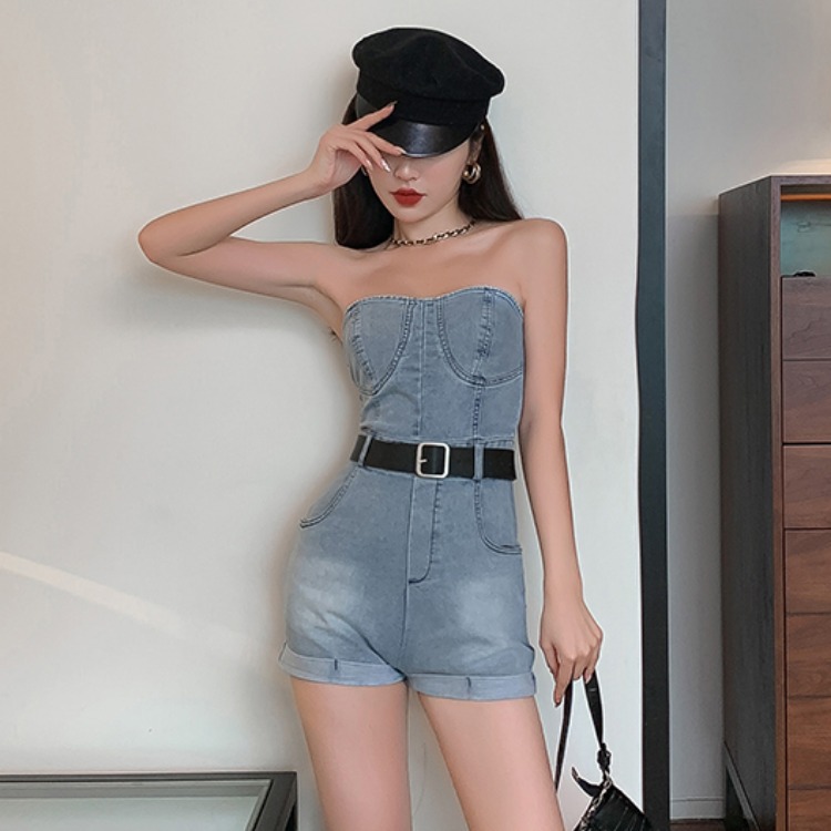 实拍2021新款小个子性感工装抹胸修身显瘦短裤牛仔连体裤 送腰带