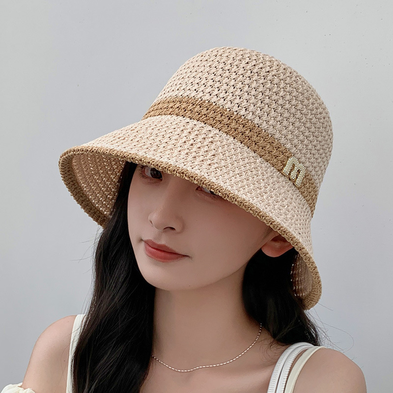 2023 Rhinestone Knitted Hollow Breathable Bucket Hat Women‘s Spring and Summer Leisure Travel Bucket Hat Sun-Proof Sun Hat