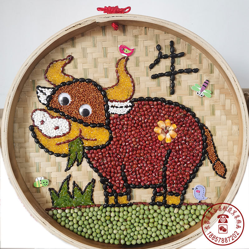 五谷杂粮豆子贴画 可爱牛春节竹扁画 儿童手工作业 粮食画材料包