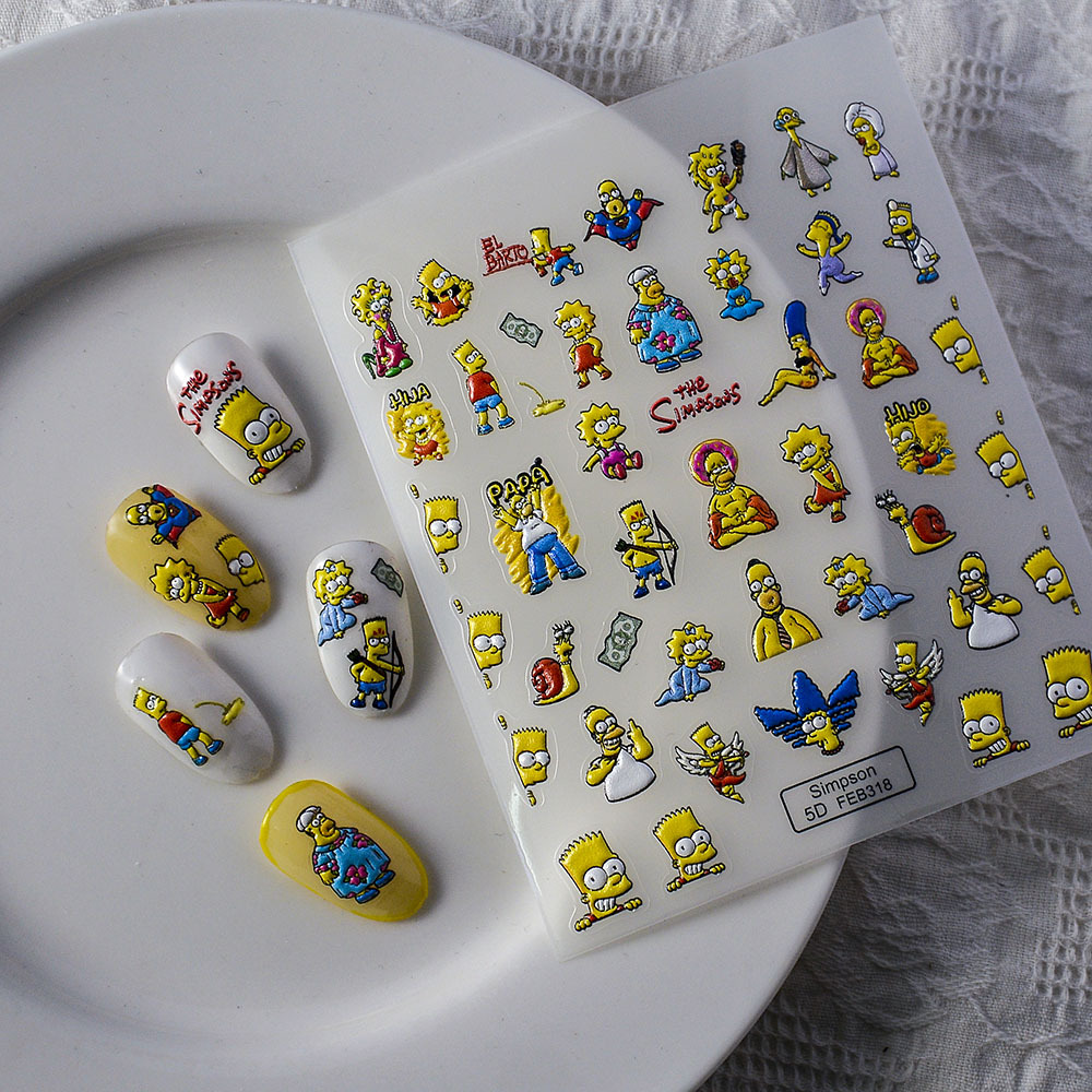 新款美甲饰品大眼搞怪一家浮雕立体5d指甲贴纸黄色动漫人物背胶贴