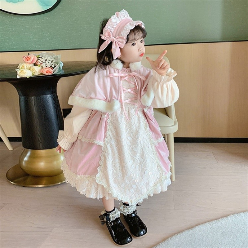 洛丽塔洋装女童秋冬加绒连衣裙儿童圣诞礼服女孩斗篷公主裙两件套