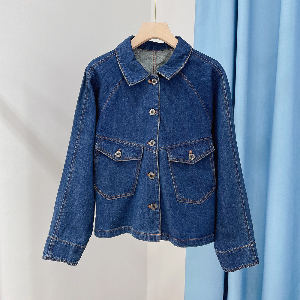 22年春新款复古洋气蓝单排扣长袖宽松牛仔衣外套版型好 百搭简约