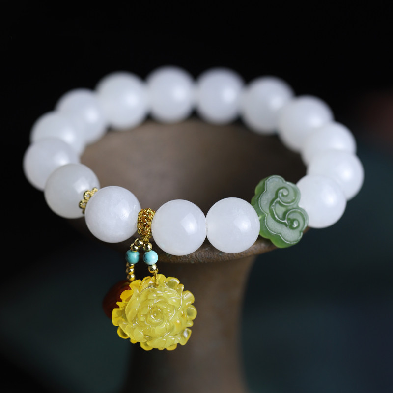 和田玉晴水玉手串7*8mmdiy女款渐变色搭配钱袋吊坠老型珠佛珠手链