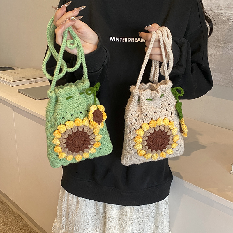 儿童包包成品手工编织包女孩零钱包向日葵自制针织毛线斜挎手提包