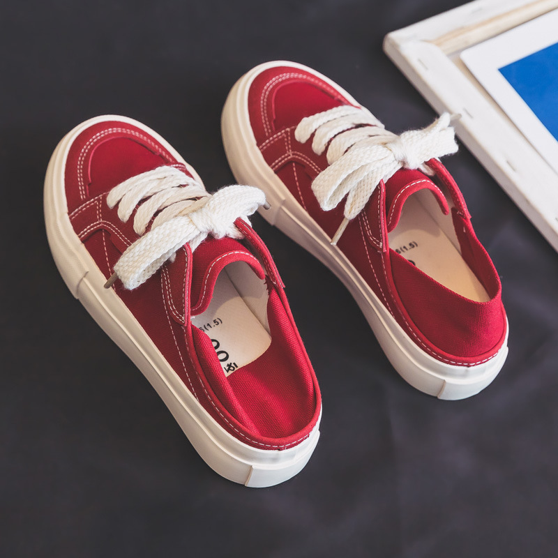 ddoo春季红色半拖帆布鞋女鞋2024新款春款一脚蹬懒人板鞋布鞋球