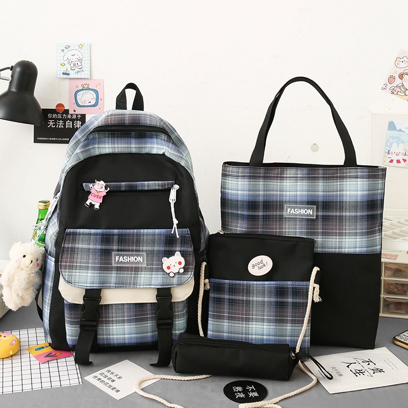 2022 Spring New Women's Korean-Style Fresh Plaid Large Capacity Schoolbag Four-Piece Backpack Wholesale for Junior High School and Primary School