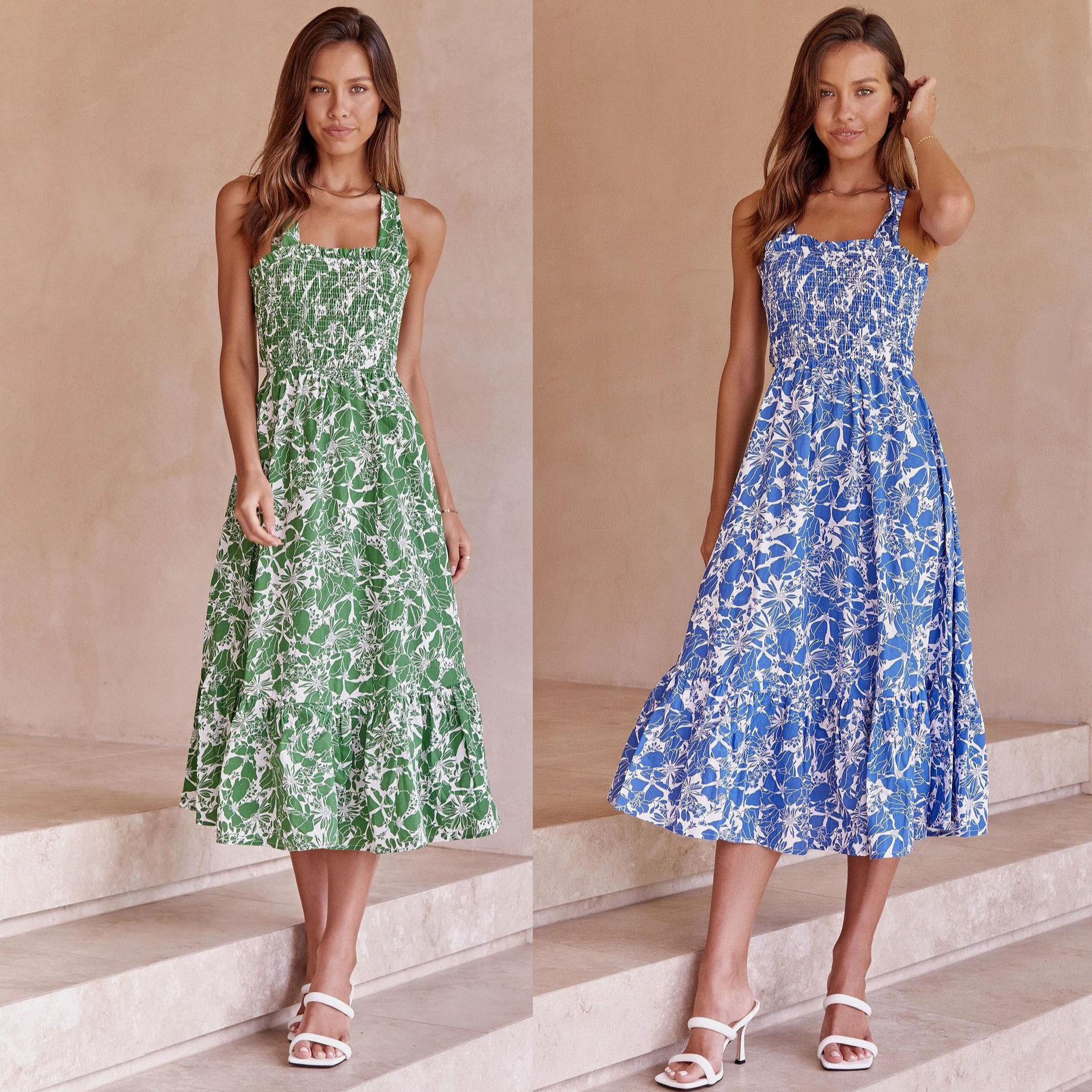 跨境亚马逊速卖通外贸欧美 夏季性感背带绑带印花褶皱连衣裙女