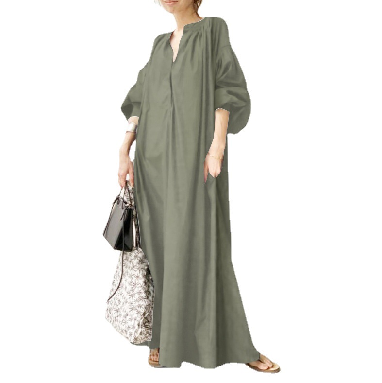 2022 New Cross-Border AliExpress Temperament Commute Solid Color Cotton Linen Loose Lantern Sleeve Loose Big Hem Dress