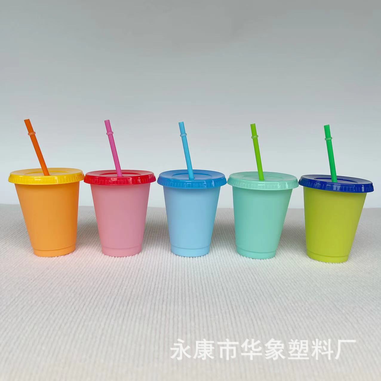 Cross-Border Hot Pp Temperature-Sensitive Plastic Color Changing Cup 16Oz Straw Cup Cold Color Changing Cycle Use Can Be Customized Logo