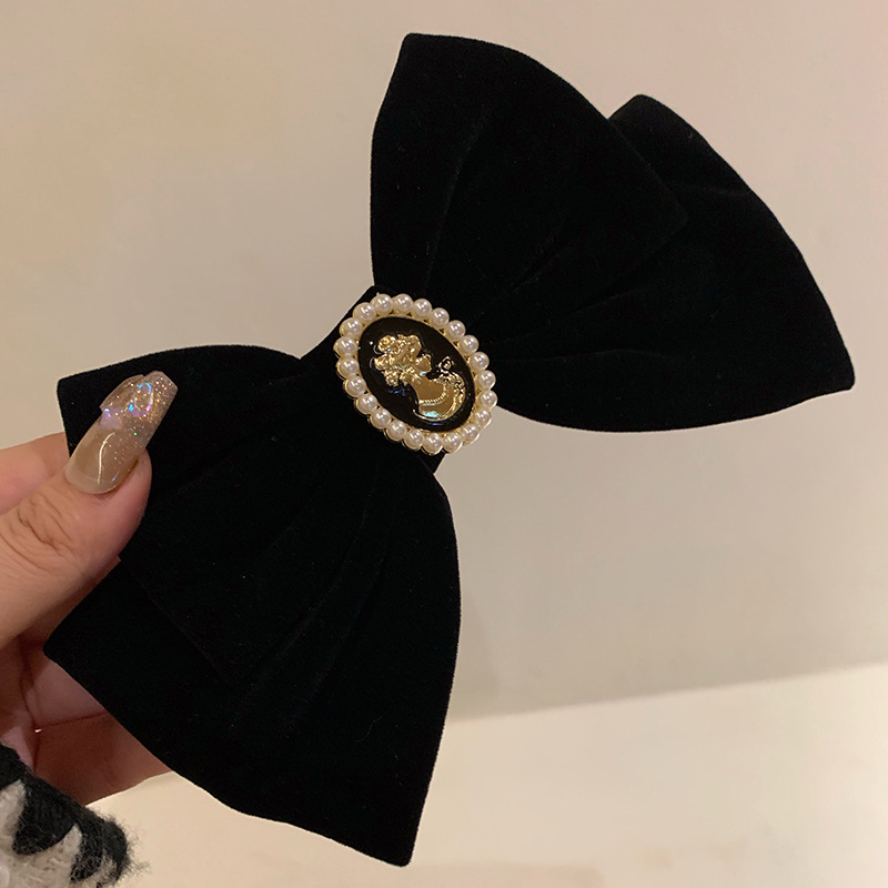 Beauty Head Black Velvet Bow Hairpin Retro French Chanel Style Pearl High-Grade Top Clip Hair Accessories Headdress